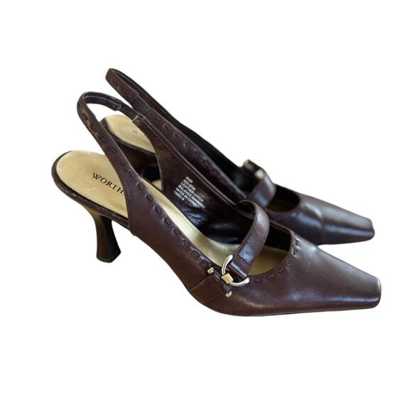 Y2K VTG. BROWN LEATHER SLINGBACK BUCKLE  POINTED TOE HEELS PUMPS 8.5 WORTHINGTON - Picture 2 of 7
